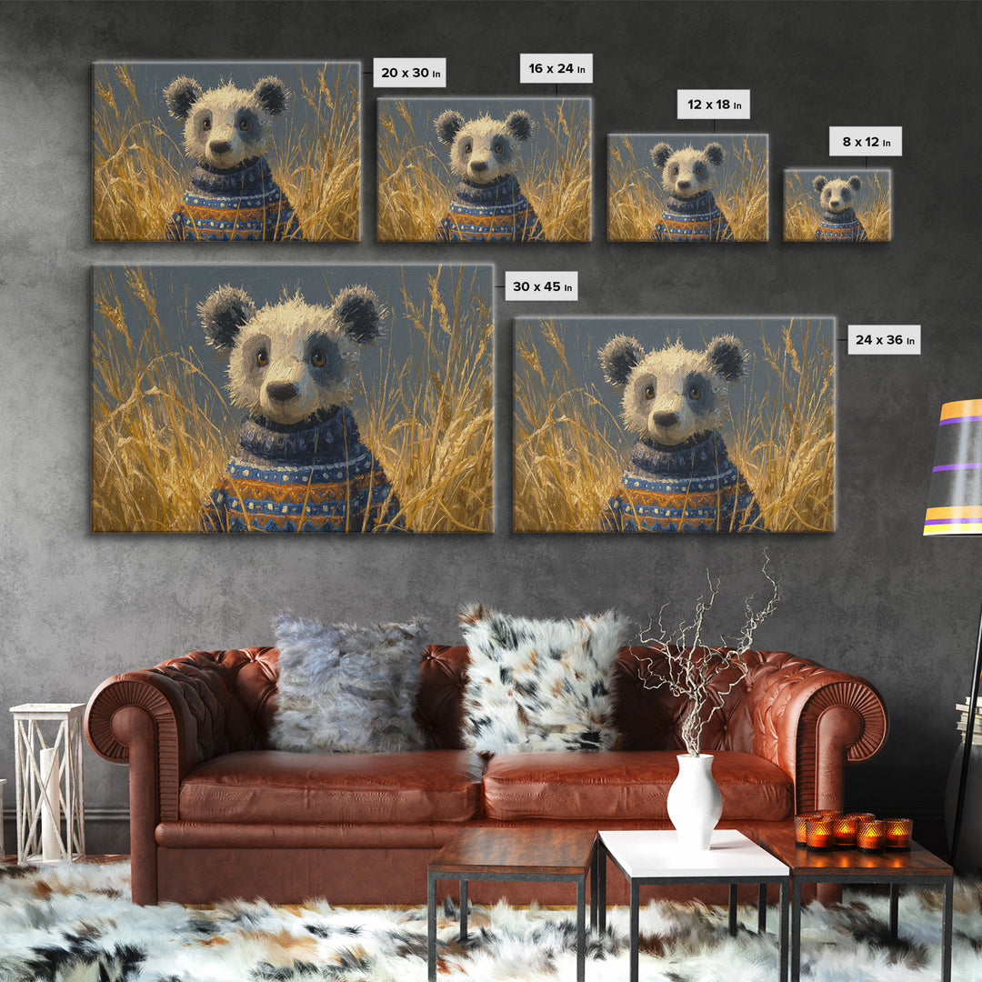 Whimsical Bear in a Patterned Sweater with Framed Canvas Print, Animal Art, Oil Painting, Living Room Decor, Fine Art, Creature, ANI-3x2-6