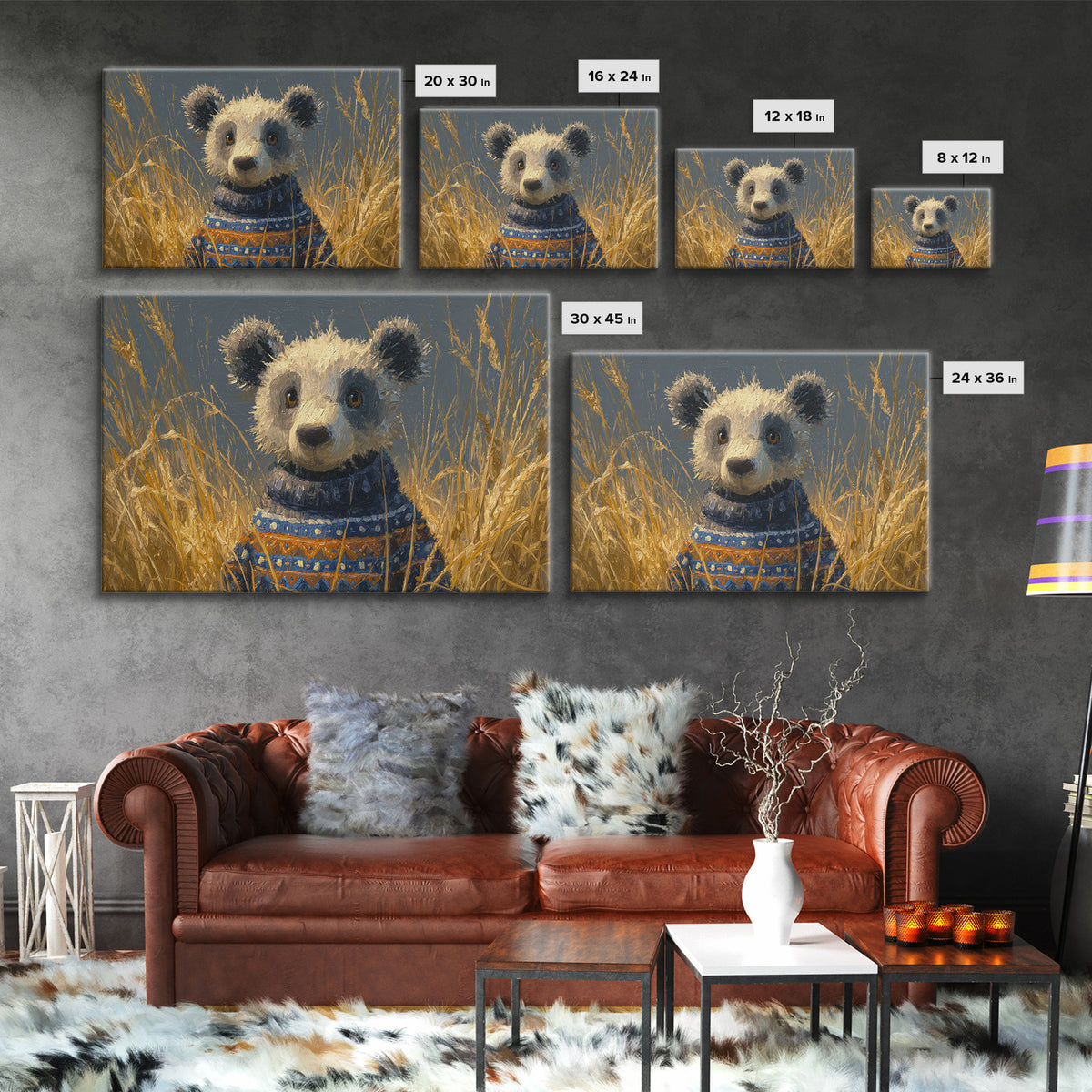 Whimsical Bear in a Patterned Sweater with Framed Canvas Print, Animal Art, Oil Painting, Living Room Decor, Fine Art, Creature, ANI-3x2-6