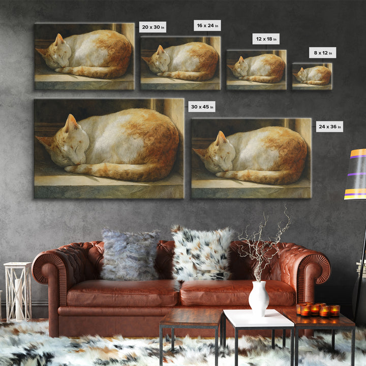 Sleeping Cat Curled Framed Canvas Print, Animal Art, Gallery Decor, Living Room Decor, Abstract Art, Creature, Contemporary Art, ANI-3x2-64