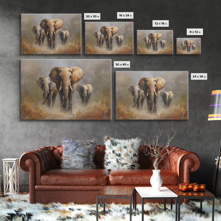 Elephant Family Walking Through Dusty Golden Light Canvas Print, Animal Art, Art Deco, Living Room Decor, Fine Art, Creature, ANI-3x2-66