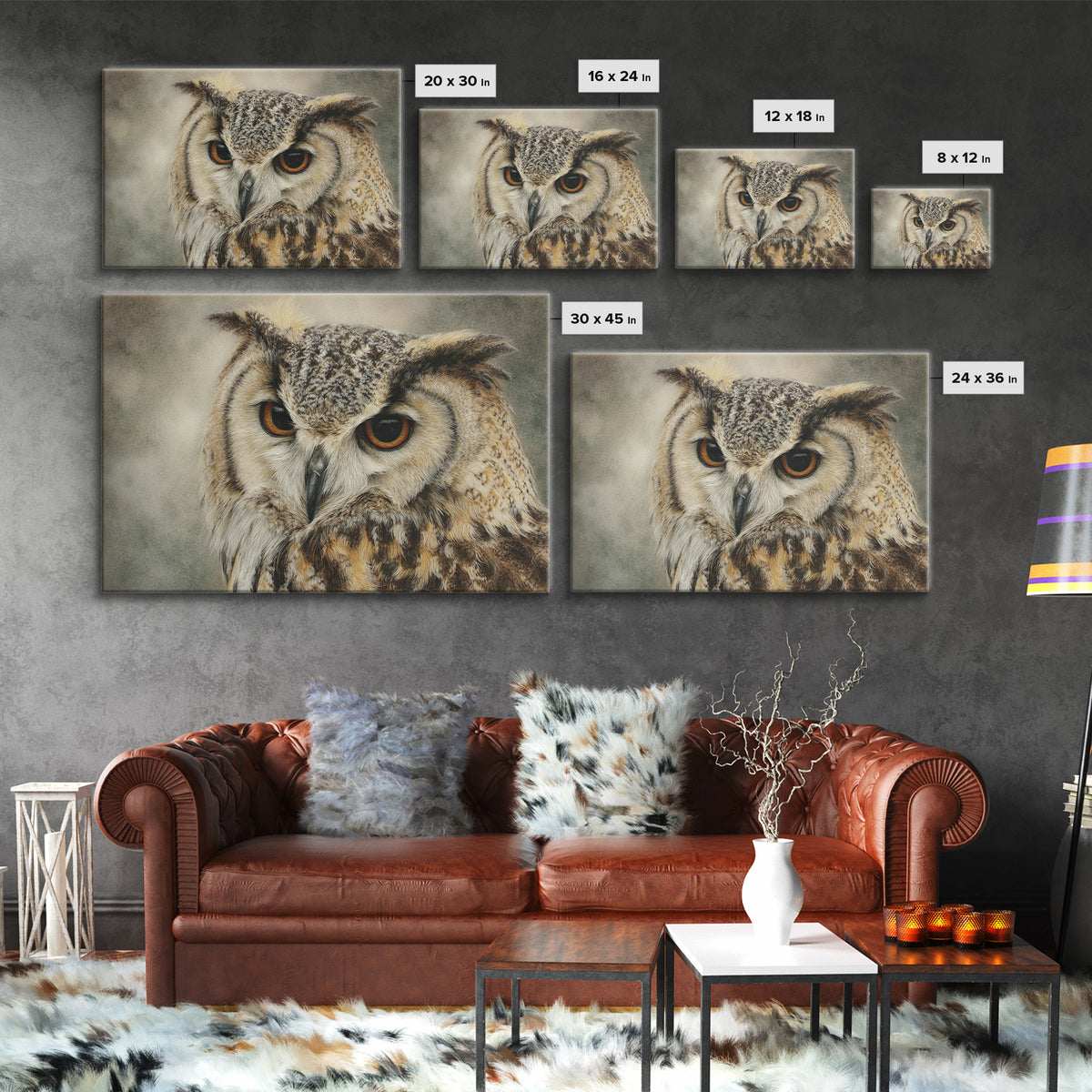 Owl with Moonlit Feathers and Celestial Accents Canvas Print, Animal Art, Living Room Decor, Watercolor Art, Creature, ANI-3x2-67