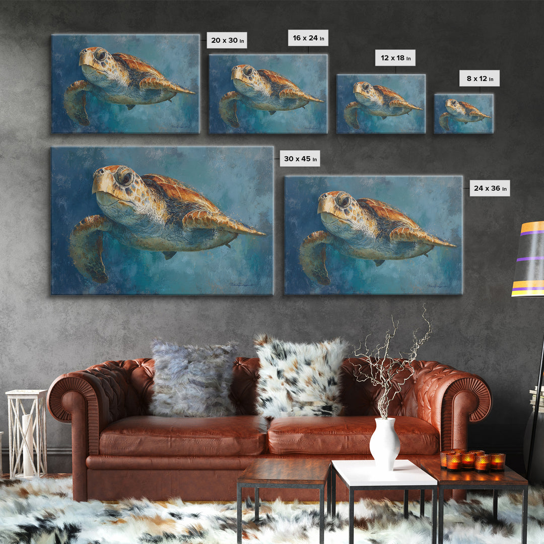 Sea Turtle Drifting Through Luminous Blue Water Framed Canvas Print, Animal Art, Original Art, Living Room Decor, Creature, ANI-3x2-70