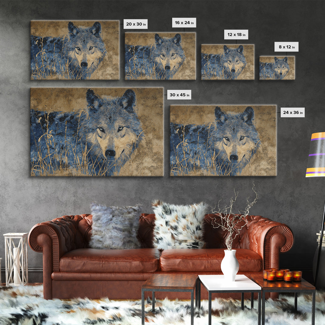 Wolf Silhouette Beneath a Star Filled Sky Framed Canvas Print, Animal Art, Nursery Wall Art, Living Room Decor, Oil Painting, ANI-3x2-74