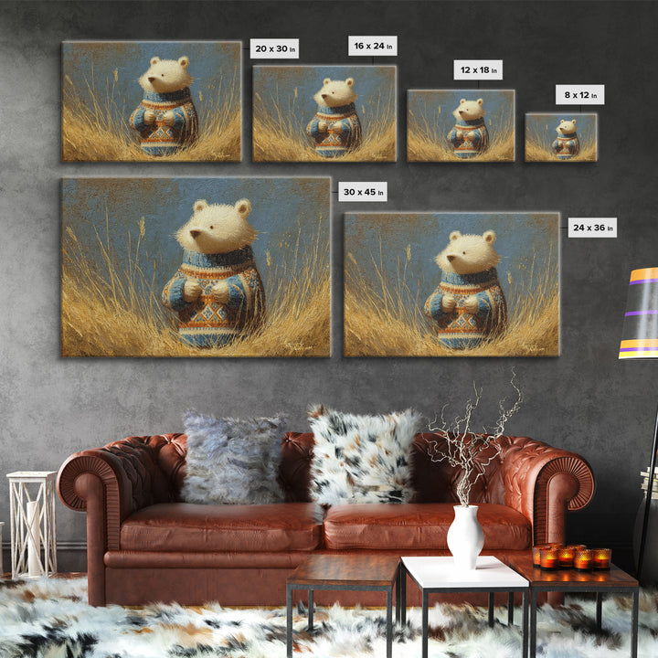 Whimsical Bear in a Patterned Sweater with Framed Canvas Print, Animal Art, Boho Wall Art, Living Room Decor, Creature, ANI-3x2-78