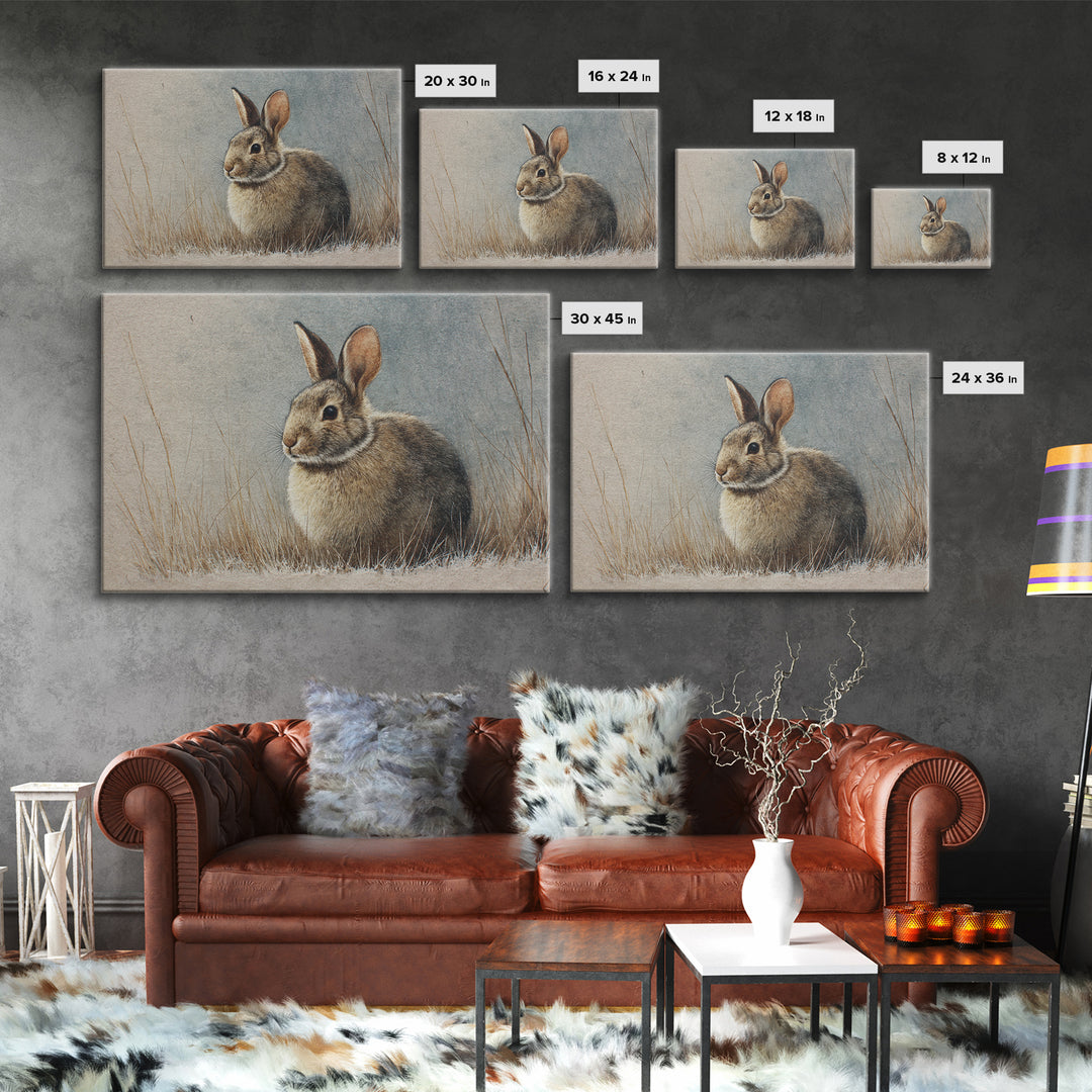 Curious Rabbit in a Soft Watercolor Meadow Framed Canvas Print, Animal Art, Cat Art, Living Room Decor, Fine Art, Creature, ANI-3x2-81