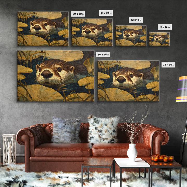 Playful Otter Floating Among Lily Pads Canvas Print, Animal Art, Boho Decor, Living Room Decor, Creature, Digital Prints, ANI-3x2-84