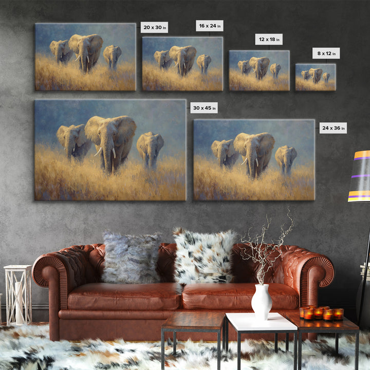 Elephant Family Walking Through Dusty Golden Light Canvas Print, Animal Art, Farmhouse Decor, Living Room Decor, Creature, ANI-3x2-90