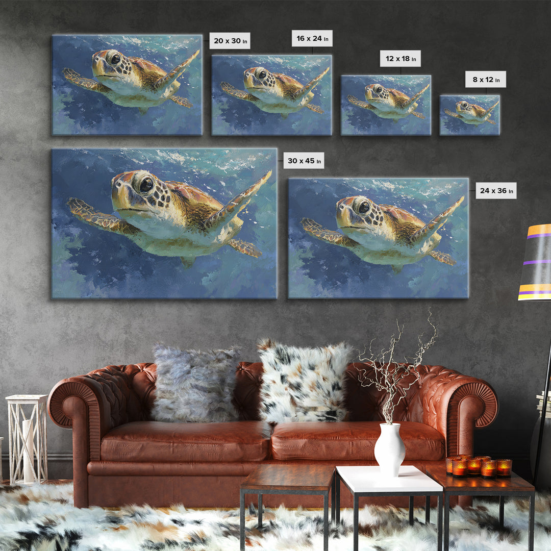Sea Turtle Drifting Through Luminous Blue Water Canvas Print, Animal Art, Nursery, Living Room Decor, Abstract Art, Creature, ANI-3x2-94