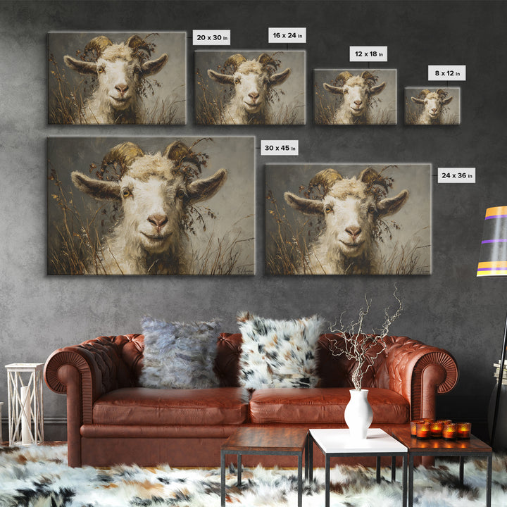 Goat Portrait with Rustic Folk Art Personality Framed Canvas Print, Animal Art, Downloadable Art, Living Room Decor, Creature, ANI-3x2-97