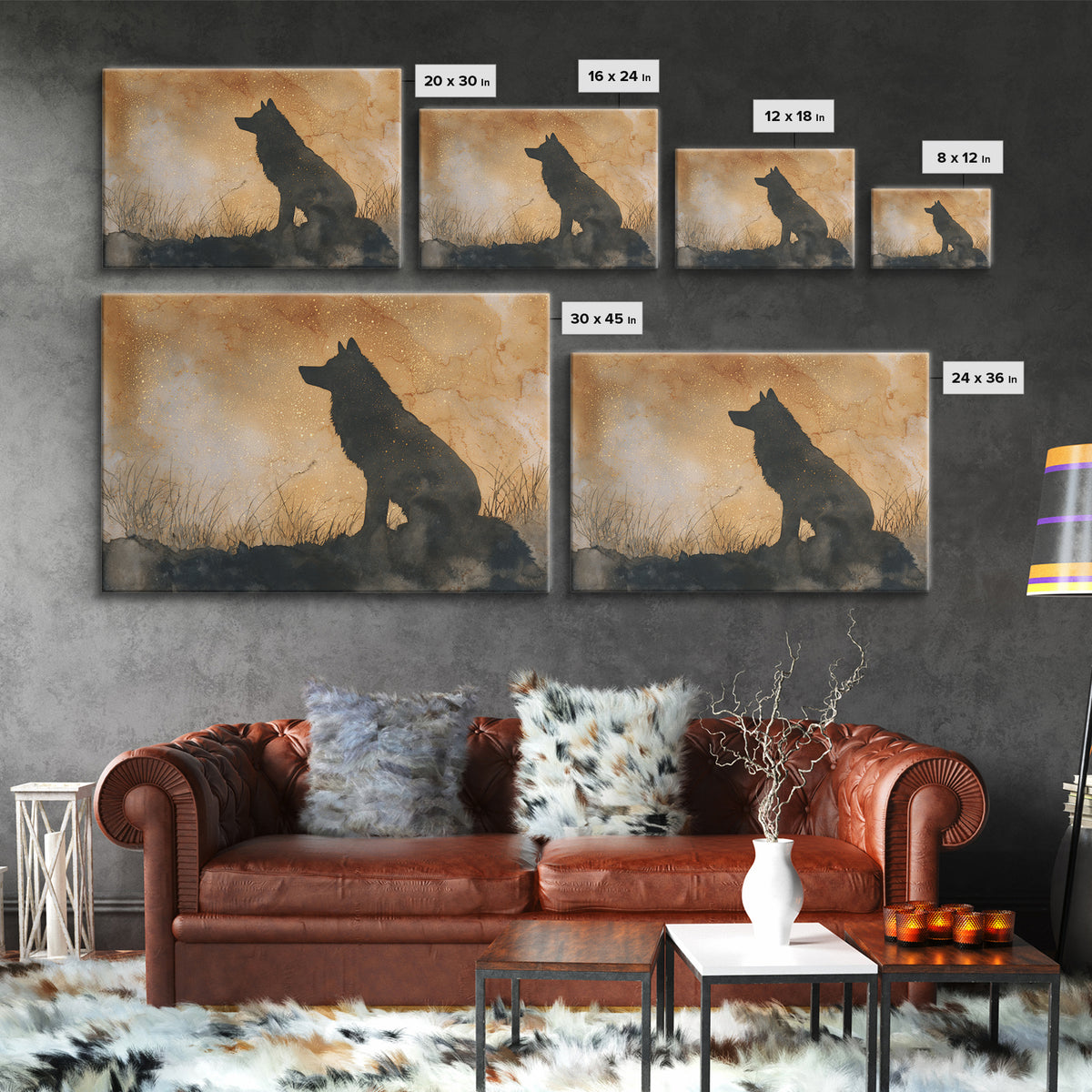 Wolf Silhouette Beneath a Star Filled Sky Canvas Print, Animal Art, Living Room Decor, Fine Art, Creature, Fine Art Print, ANI-3x2-98