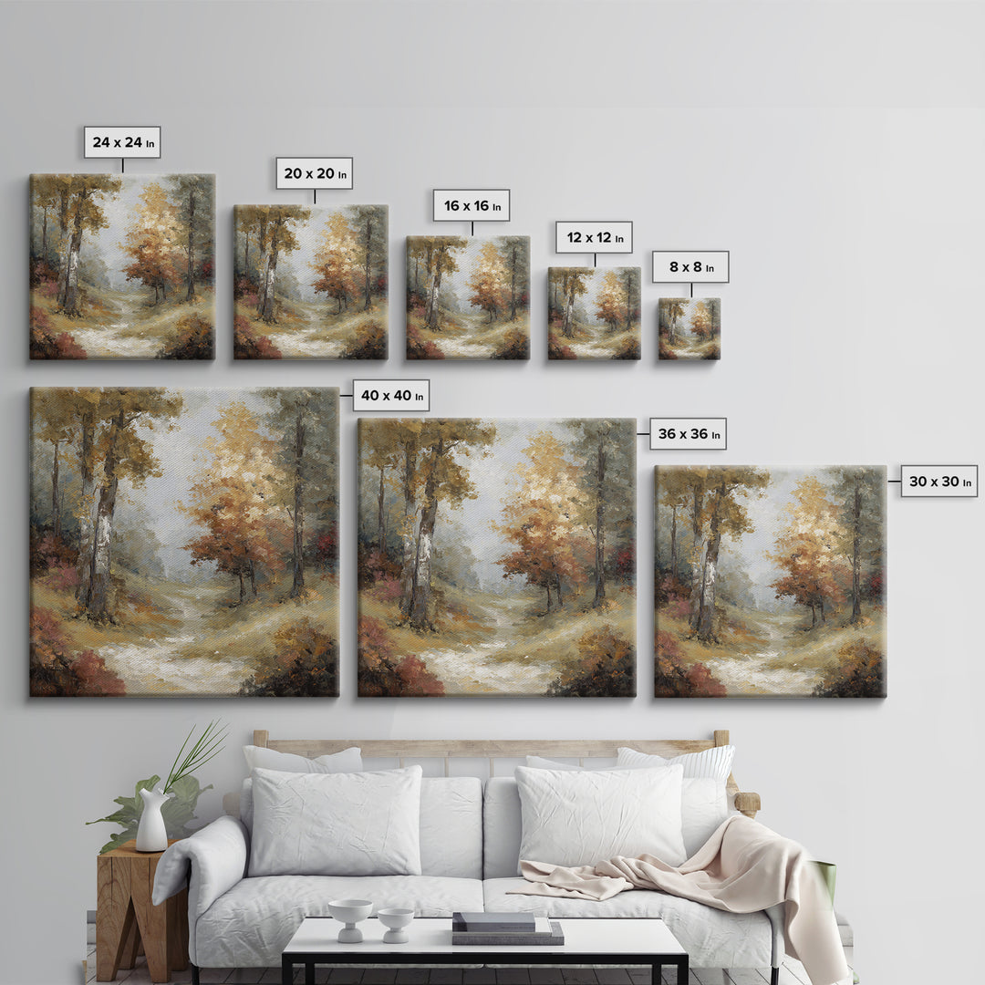 Woodland Path with Golden Autumn Atmosphere Framed Canvas Print, Art, Original Art, Living Room Decor, Fine Art, ART-1x1-47