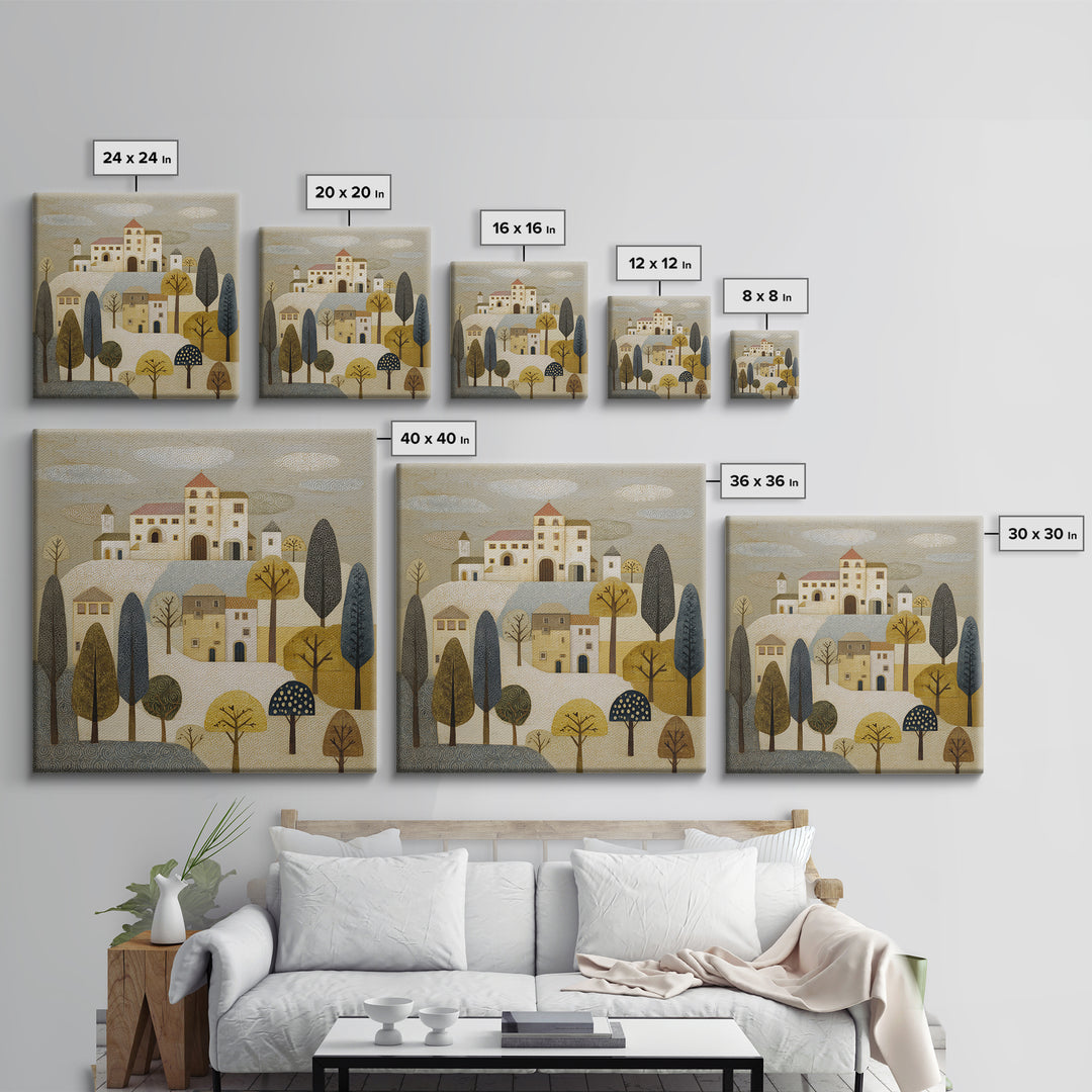 Naive Folk Art Village Framed Canvas Print, Art, Wood Wall Art, Living Room Decor, Fine Art, Modern Decor, Fine Art Print, ART-1x1-68