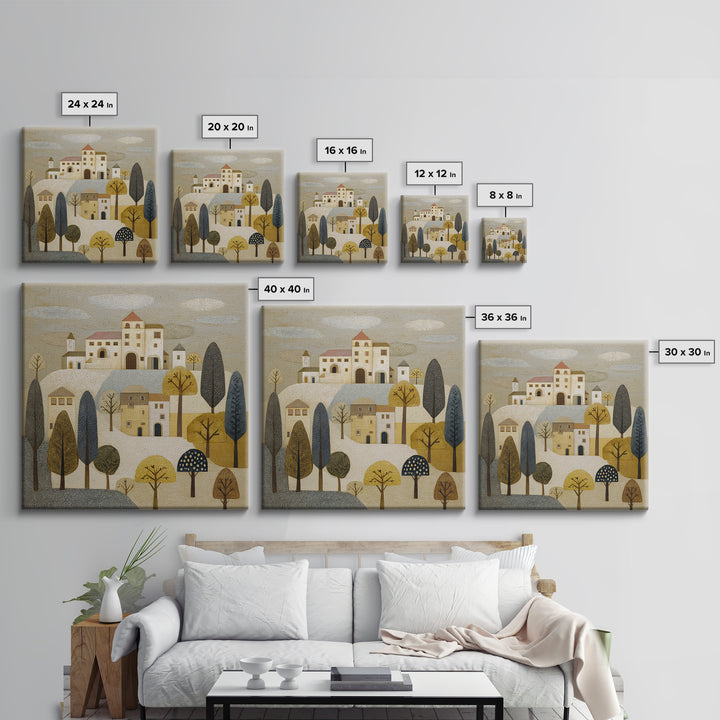 Naive Folk Art Village Framed Canvas Print, Art, Wood Wall Art, Living Room Decor, Fine Art, Modern Decor, Fine Art Print, ART-1x1-68
