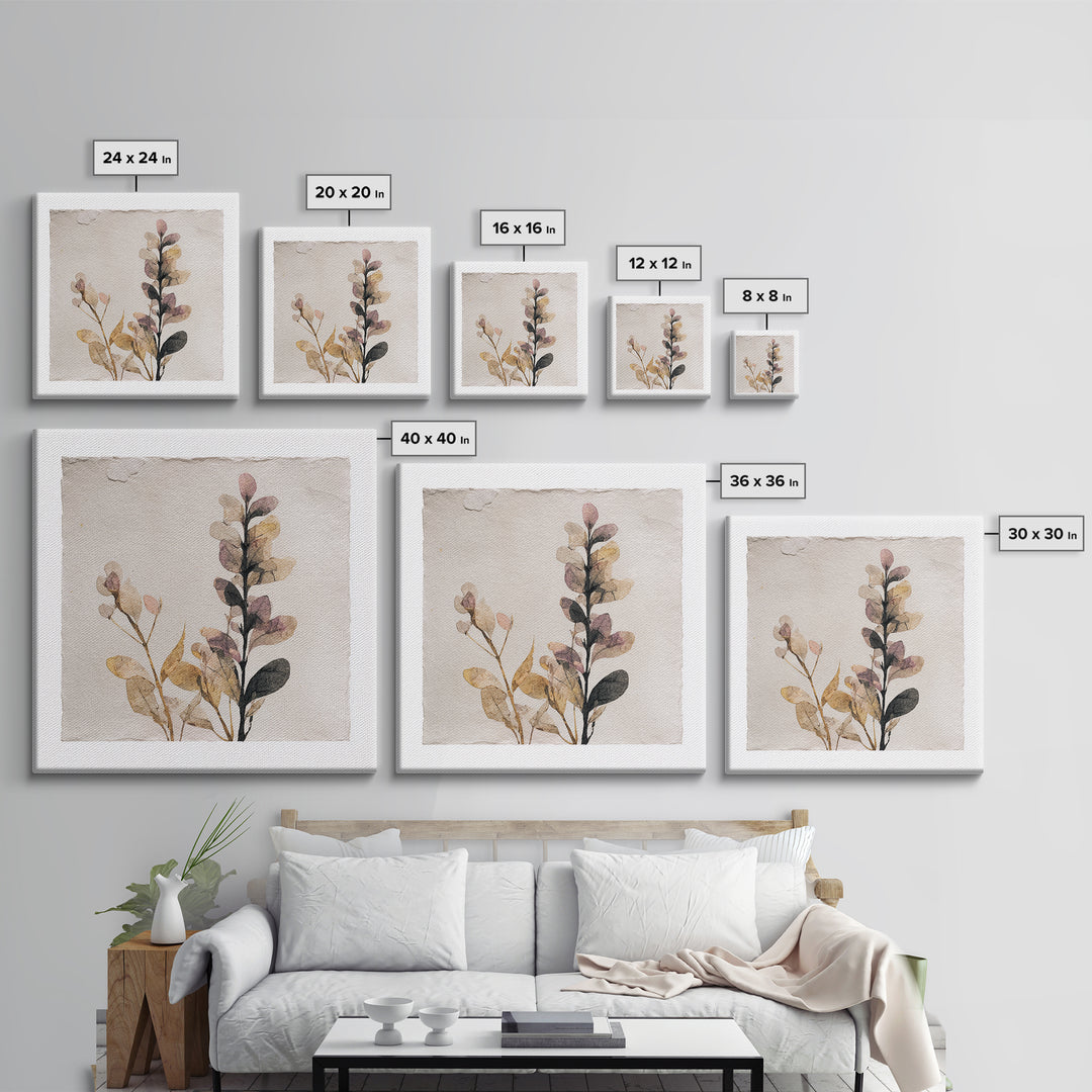Minimal Botanical Ink Drawing on Handmade Paper Canvas Print, Art, Neutral Decor, Living Room Decor, Fine Art, ART-1x1-77