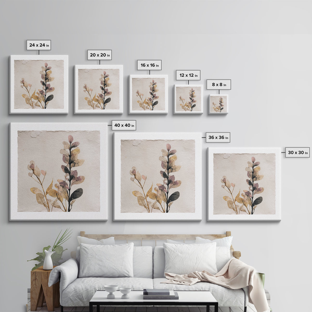 Minimal Botanical Ink Drawing on Handmade Paper Canvas Print, Art, Neutral Decor, Living Room Decor, Fine Art, ART-1x1-77
