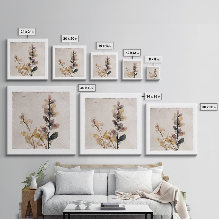 Minimal Botanical Ink Drawing on Handmade Paper Canvas Print, Art, Neutral Decor, Living Room Decor, Fine Art, ART-1x1-77