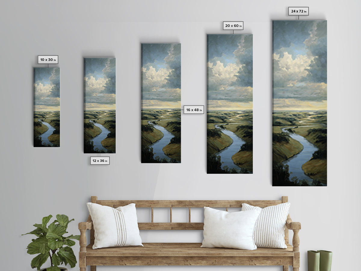 Classic Landscape with Winding River and Atmospheric Framed Canvas Print, Art, Art Nouveau, Living Room Decor, Watercolor Art, ART-1x3-87