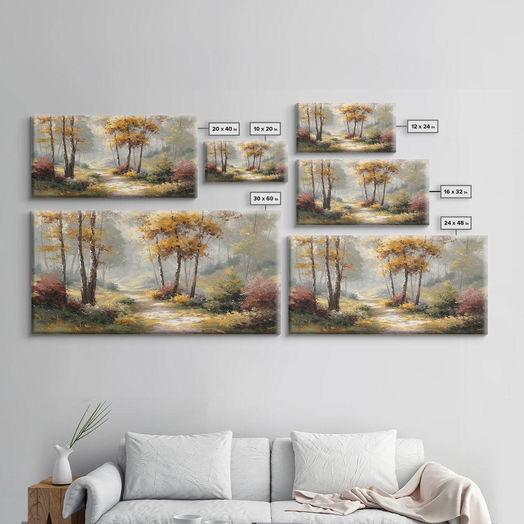 Woodland Path with Golden Autumn Atmosphere Framed Canvas Print, Art, Printable Art, Living Room Decor, Fine Art, ART-2x1-19