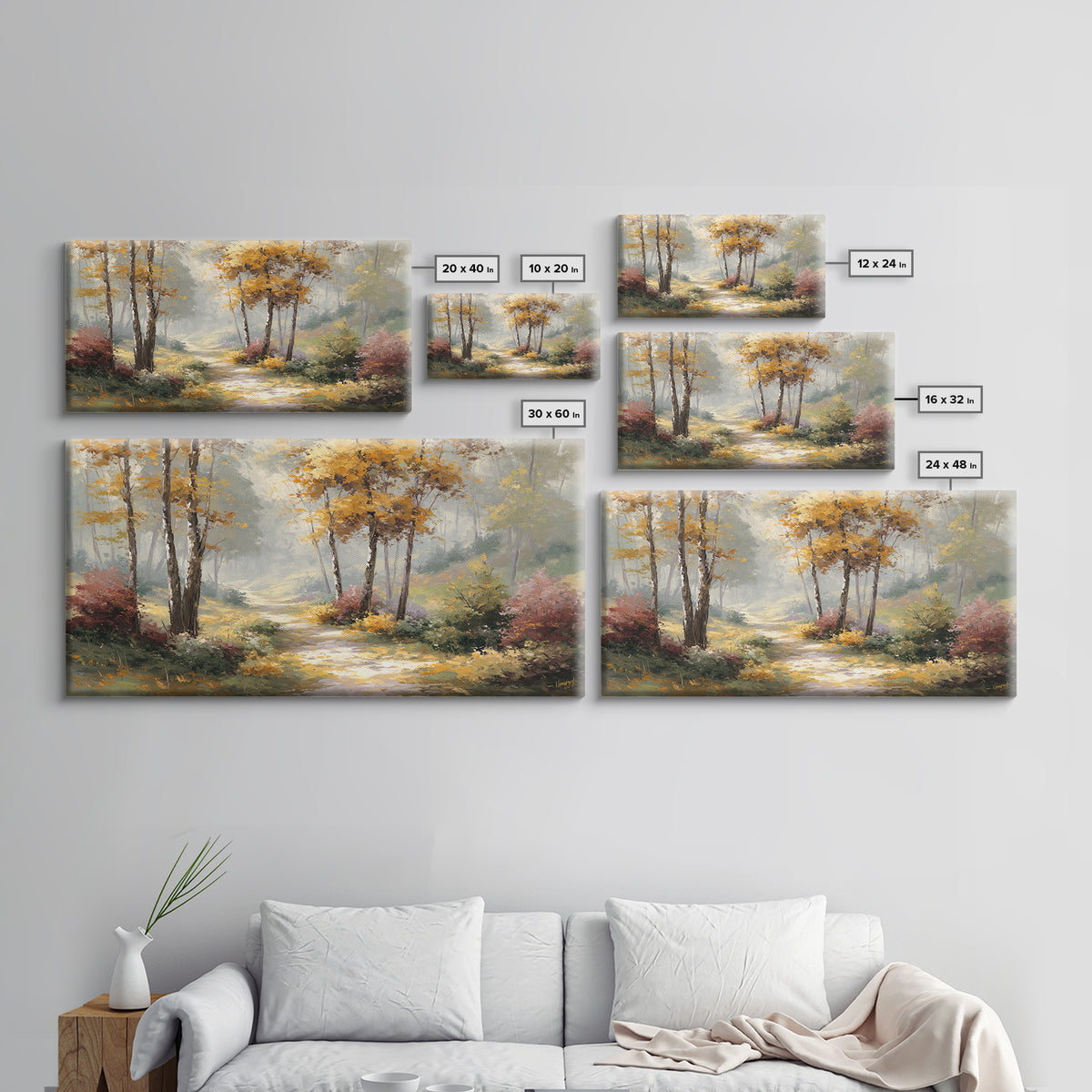 Woodland Path with Golden Autumn Atmosphere Framed Canvas Print, Art, Printable Art, Living Room Decor, Fine Art, ART-2x1-19