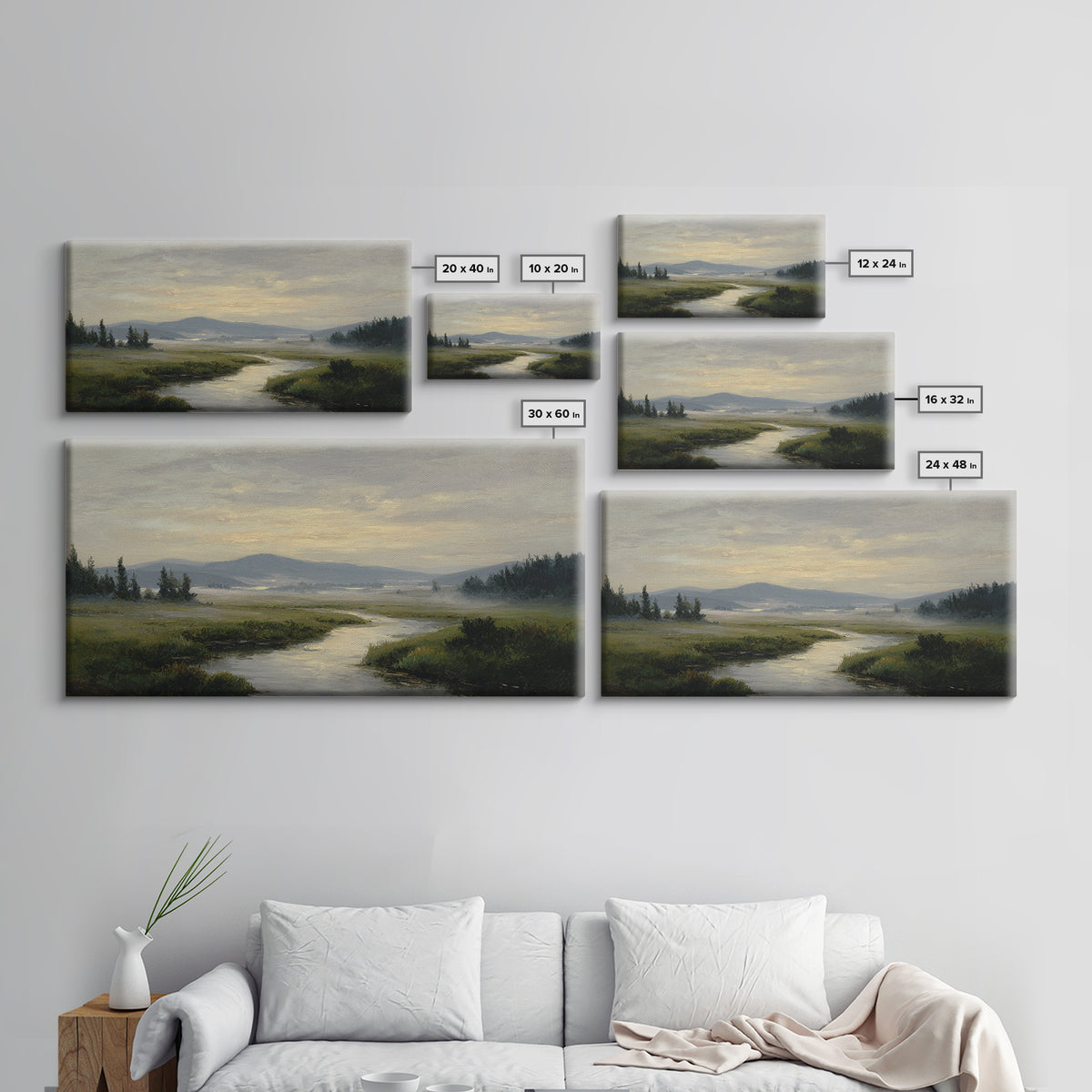 Classic Landscape with Winding River and Atmospheric Canvas Print, Art, Digital Wall Art, Living Room Decor, Fine Art, ART-2x1-47