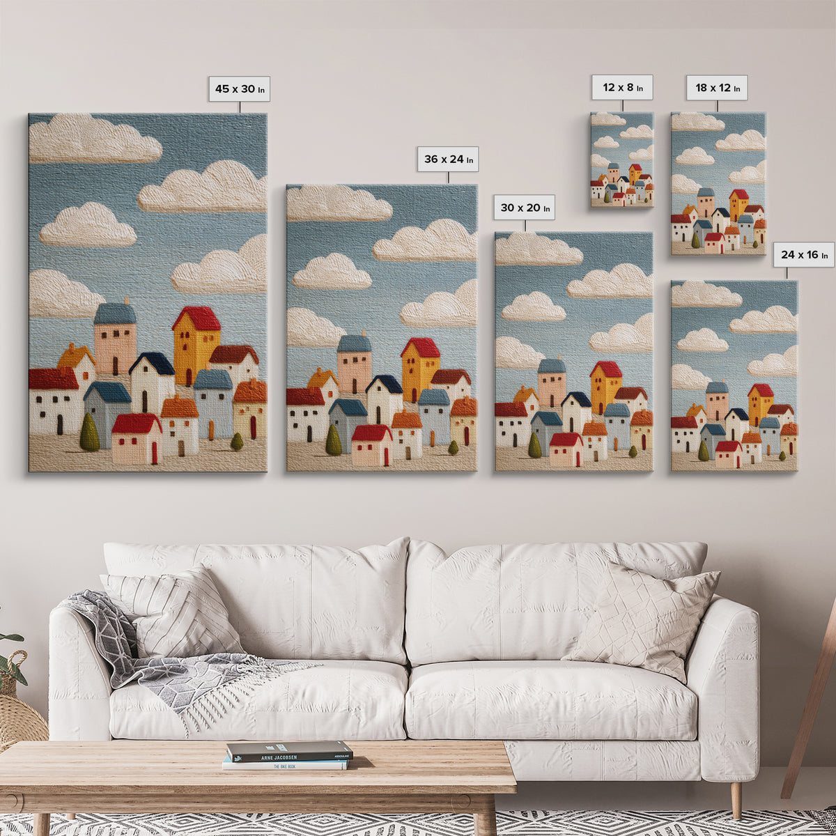 Naive Folk Art Village Framed Canvas Print, Art, Printable Wall Art, Living Room Decor, Fine Art, Canvas Art, ART-2x3-28