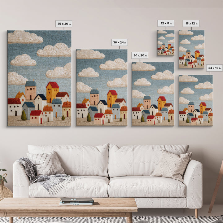 Naive Folk Art Village Framed Canvas Print, Art, Printable Wall Art, Living Room Decor, Fine Art, Canvas Art, ART-2x3-28