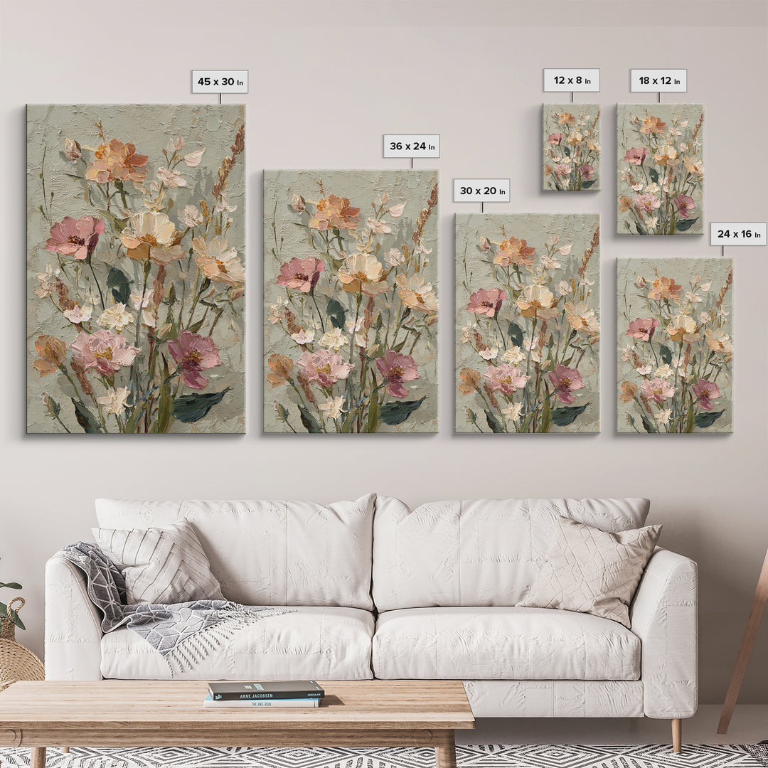 Painterly Meadow with Loose Impressionist Flowers Framed Canvas Print, Art, Neutral Decor, Living Room Decor, Fine Art, ART-2x3-47