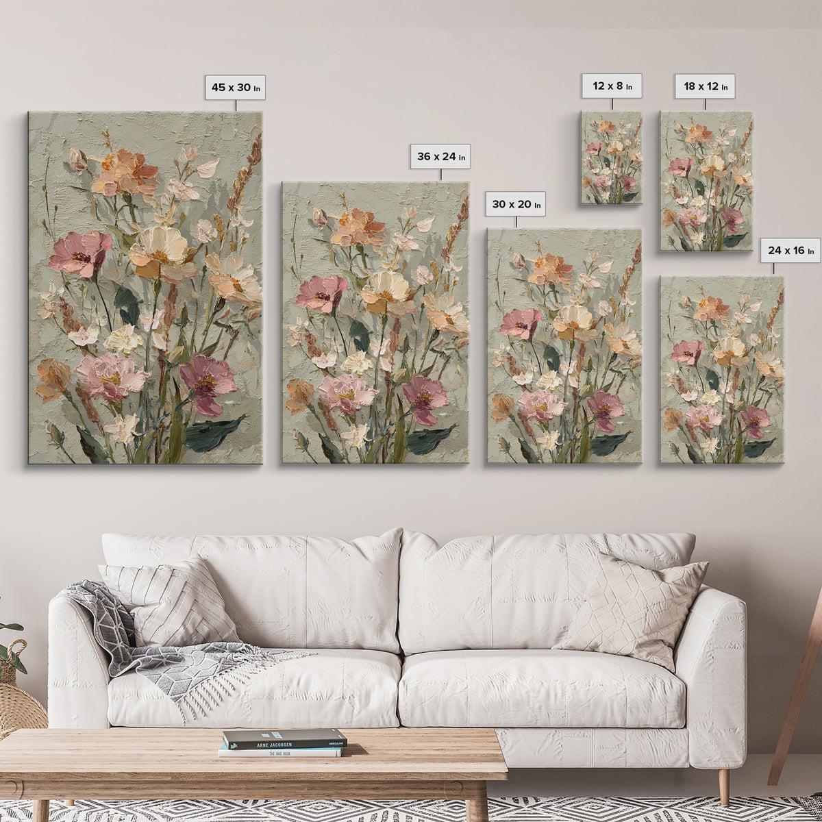 Painterly Meadow with Loose Impressionist Flowers Framed Canvas Print, Art, Neutral Decor, Living Room Decor, Fine Art, ART-2x3-47