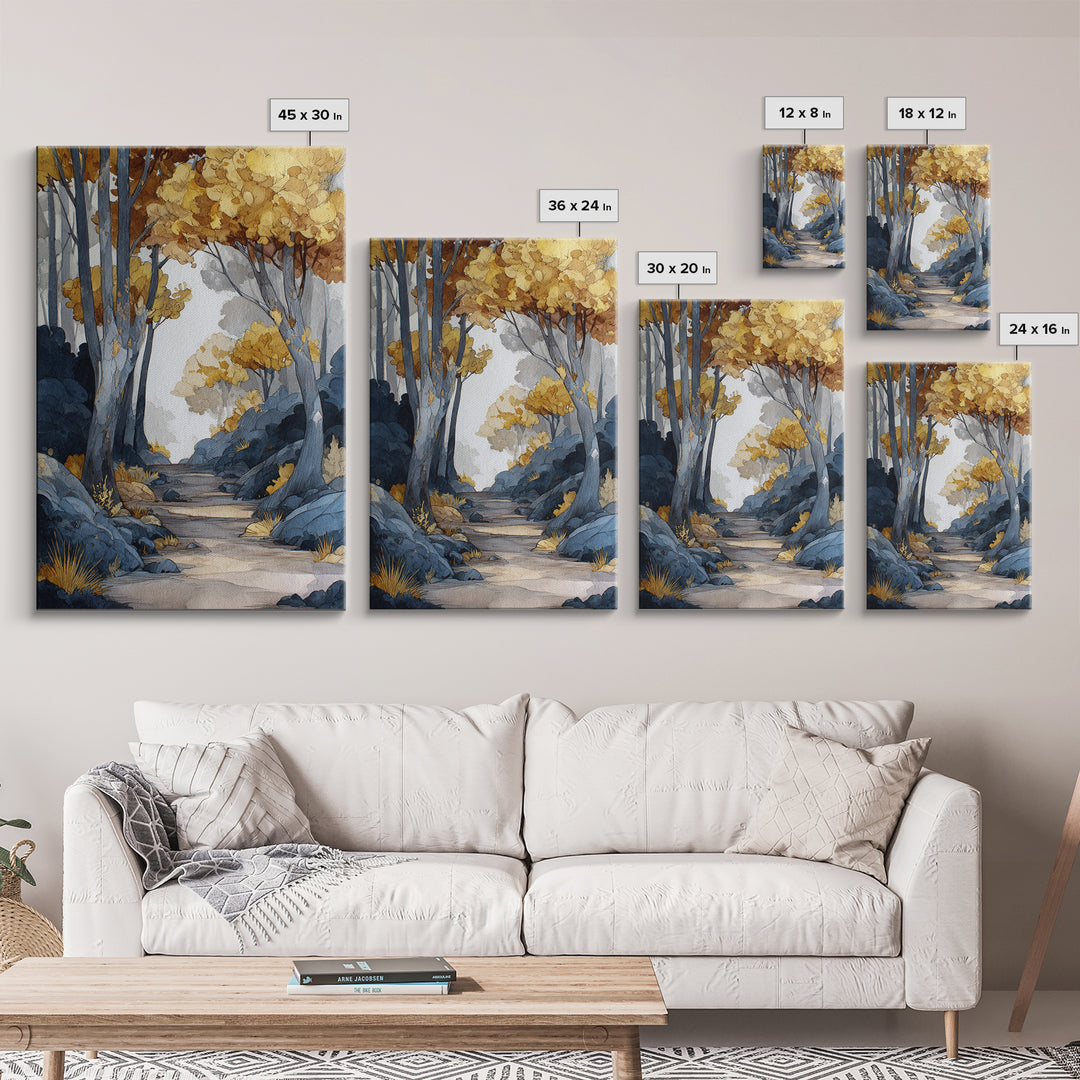 Woodland Path with Golden Autumn Atmosphere Framed Canvas Print, Art, Horizontal Wall Art, Living Room Decor, Fine Art, ART-2x3-55