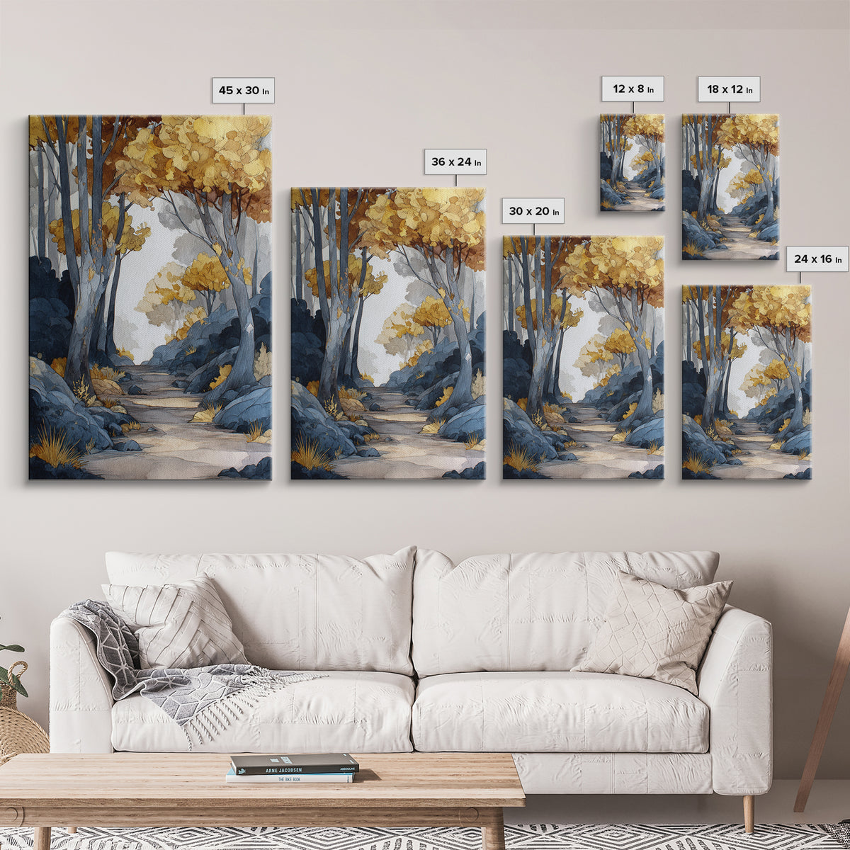 Woodland Path with Golden Autumn Atmosphere Framed Canvas Print, Art, Horizontal Wall Art, Living Room Decor, Fine Art, ART-2x3-55