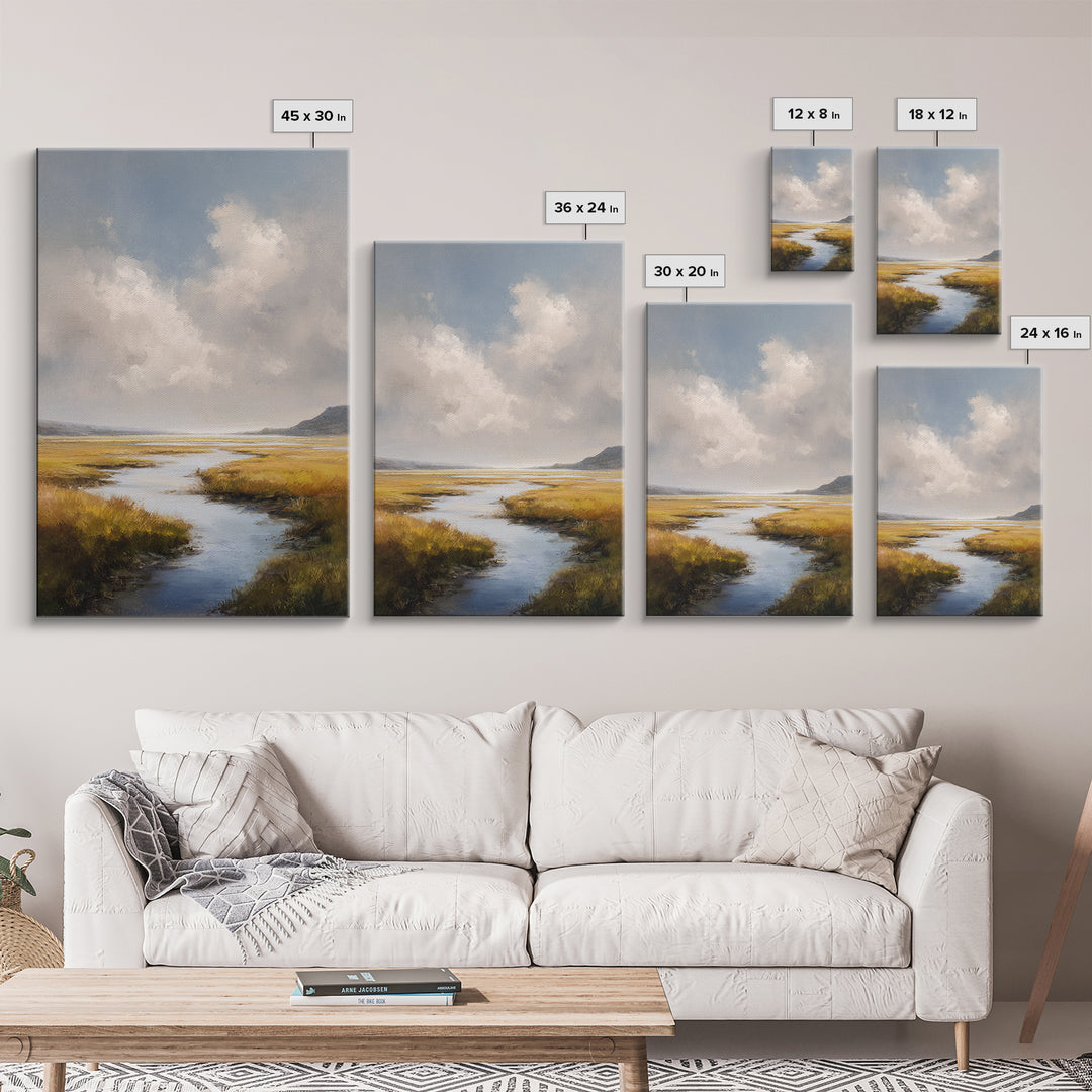 Classic Landscape with Winding River and Atmospheric Framed Canvas Print, Art, Art Print, Living Room Decor, Fine Art, ART-2x3-83
