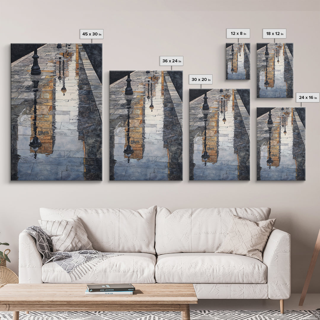 Moody City Scene Reflected Framed Canvas Print, Art, Living Room Decor, Fine Art, Art Nouveau, Framed Wall Art, ART-2x3-90