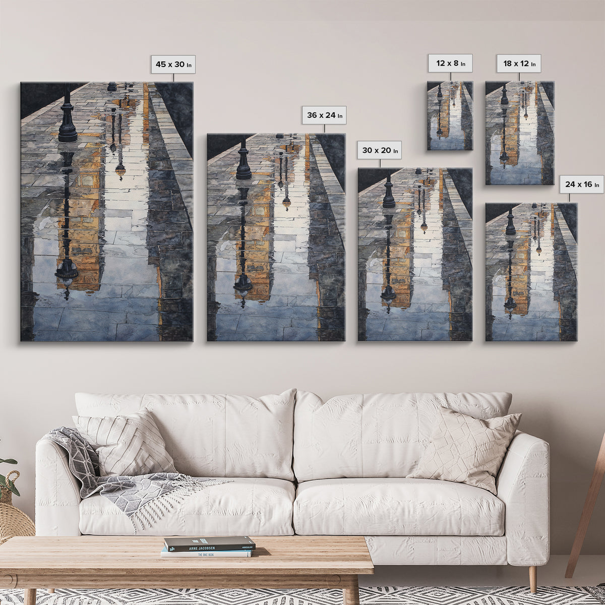 Moody City Scene Reflected Framed Canvas Print, Art, Living Room Decor, Fine Art, Art Nouveau, Framed Wall Art, ART-2x3-90