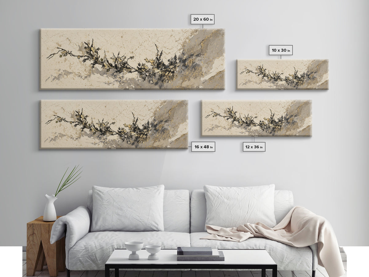 Minimal Botanical Ink Drawing on Handmade Paper Canvas Print, Art, Art Deco, Living Room Decor, Fine Art, Printable Art, ART-3x1-21
