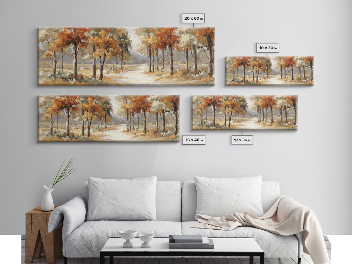 Woodland Path with Golden Autumn Atmosphere Framed Canvas Print, Art, Statement Artwork, Living Room Decor, Fine Art, ART-3x1-63