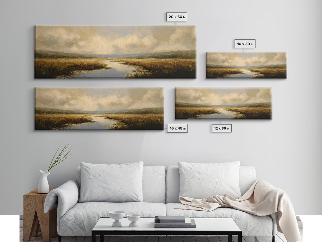 Classic Landscape with Winding River and Atmospheric Framed Canvas Print, Art, Digital Art, Living Room Decor, Fine Art, ART-3x1-67