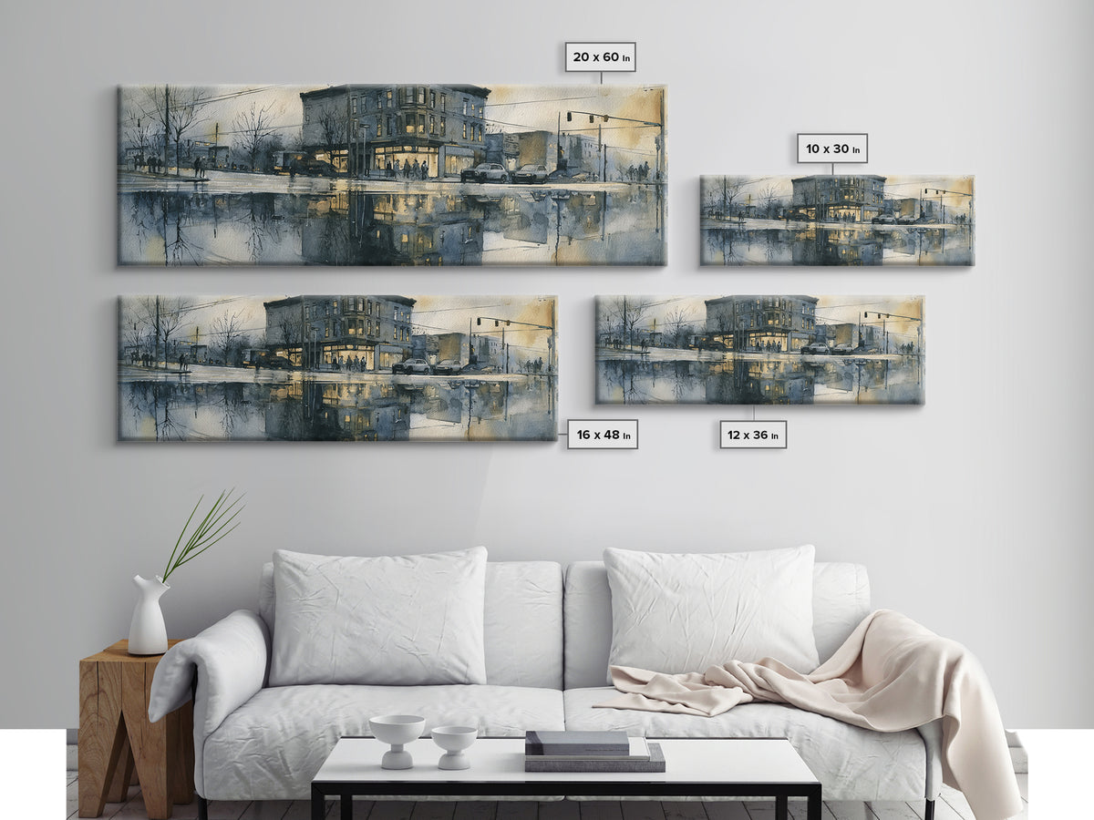 Moody City Scene Reflected Framed Canvas Print, Art, Art Deco, Living Room Decor, Oil Painting, Printable Art, ART-3x1-74