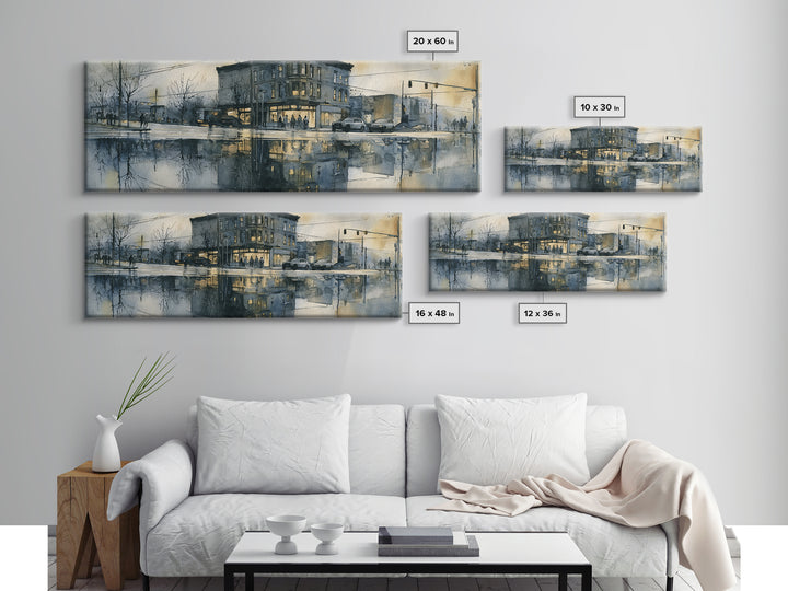 Moody City Scene Reflected Framed Canvas Print, Art, Art Deco, Living Room Decor, Oil Painting, Printable Art, ART-3x1-74