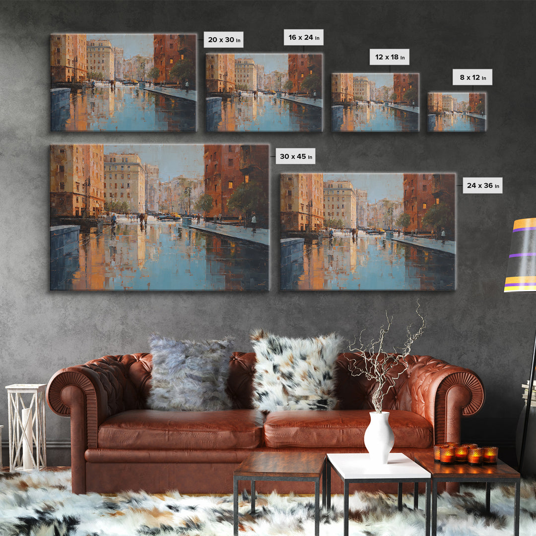 Moody City Scene Reflected Framed Canvas Print, Art, Living Room Decor, Fine Art, Art Nouveau, Framed Wall Art, ART-3x2-14
