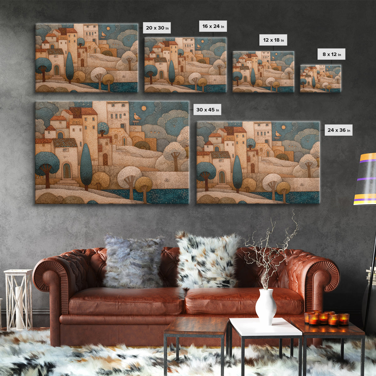 Naive Folk Art Village Canvas Print, Art, Prints Wall Art, Living Room Decor, Fine Art, Fine Art Print, Statement Artwork, ART-3x2-72