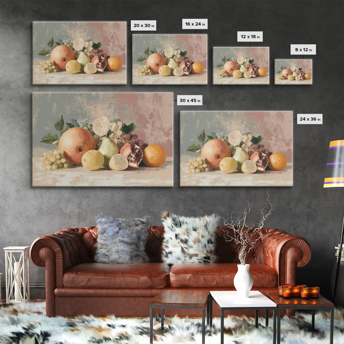 Bold Pop Fruit Composition Framed Canvas Print, Art, Boho Wall Art, Living Room Decor, Fine Art, Textured Painting, ART-3x2-92