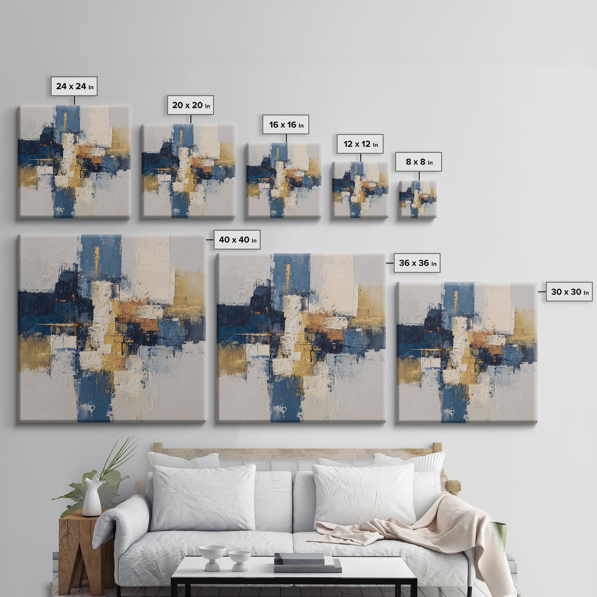 Bold Navy and Ivory Abstract Brushwork Canvas Print, Above Sofa Art, Horizontal Wall Art, Living Room Decor, Abstract Art, ASA-1x1-18