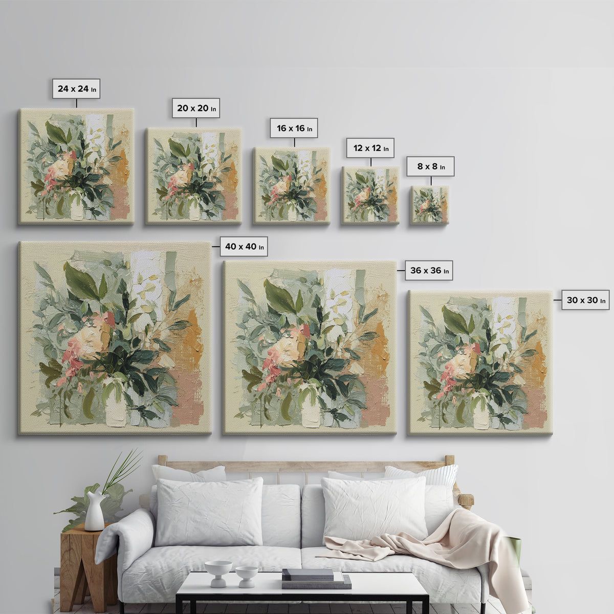 Large Botanical Leaves Framed Canvas Print, Above Sofa Art, 3 Piece Wall Art, Living Room Decor, Oil Painting, Statement, ASA-1x1-21