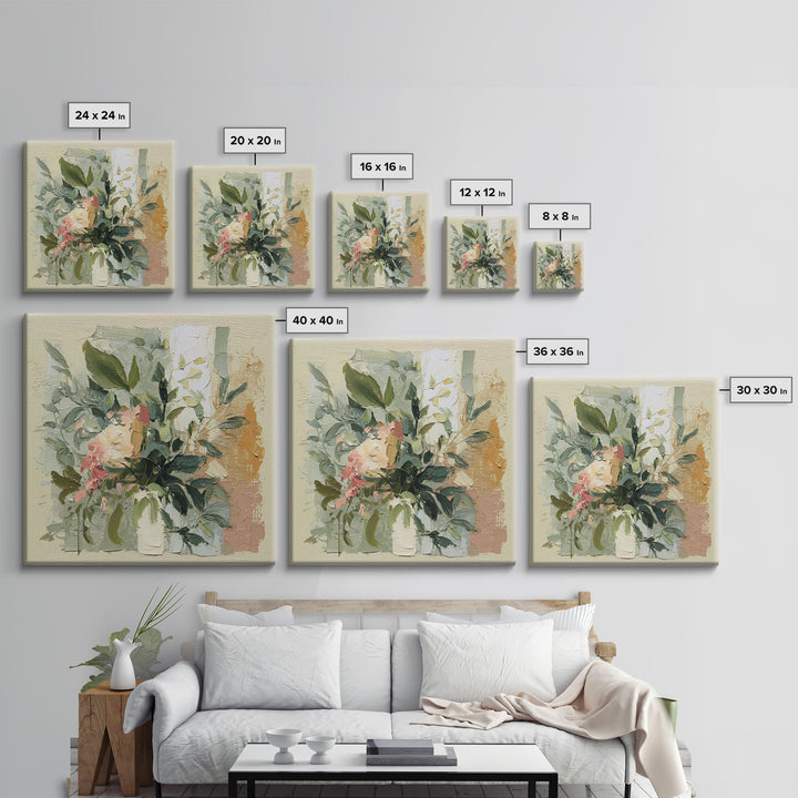 Large Botanical Leaves Framed Canvas Print, Above Sofa Art, 3 Piece Wall Art, Living Room Decor, Oil Painting, Statement, ASA-1x1-21