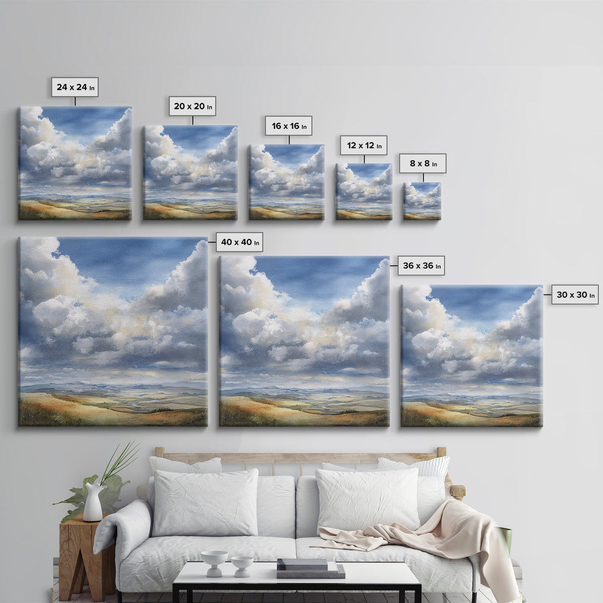 Dramatic Cloudscape over a Distant Valley Canvas Print, Above Sofa Art, Bauhaus Print, Living Room Decor, Statement, ASA-1x1-29