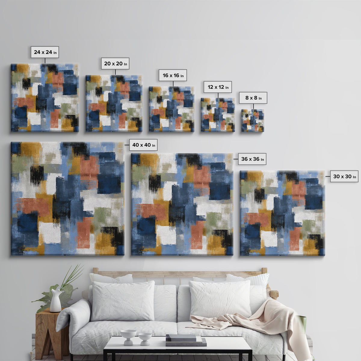 Bold Navy and Ivory Abstract Brushwork Framed Canvas Print, Above Sofa Art, Living Room Wall Art, Living Room Decor, Statement, ASA-1x1-42
