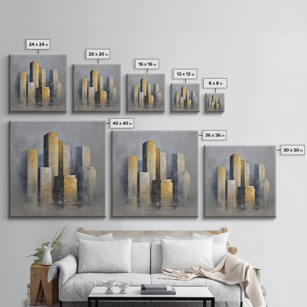 Quiet City Skyline Reduced to Elegant Shapes Canvas Print, Above Sofa Art, Bedroom Wall Art, Living Room Decor, Statement, ASA-1x1-46