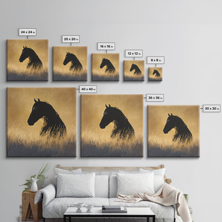 Statement Horse Silhouette Framed Canvas Print, Above Sofa Art, Japandi Wall Art, Living Room Decor, Oil Painting, Statement, ASA-1x1-61