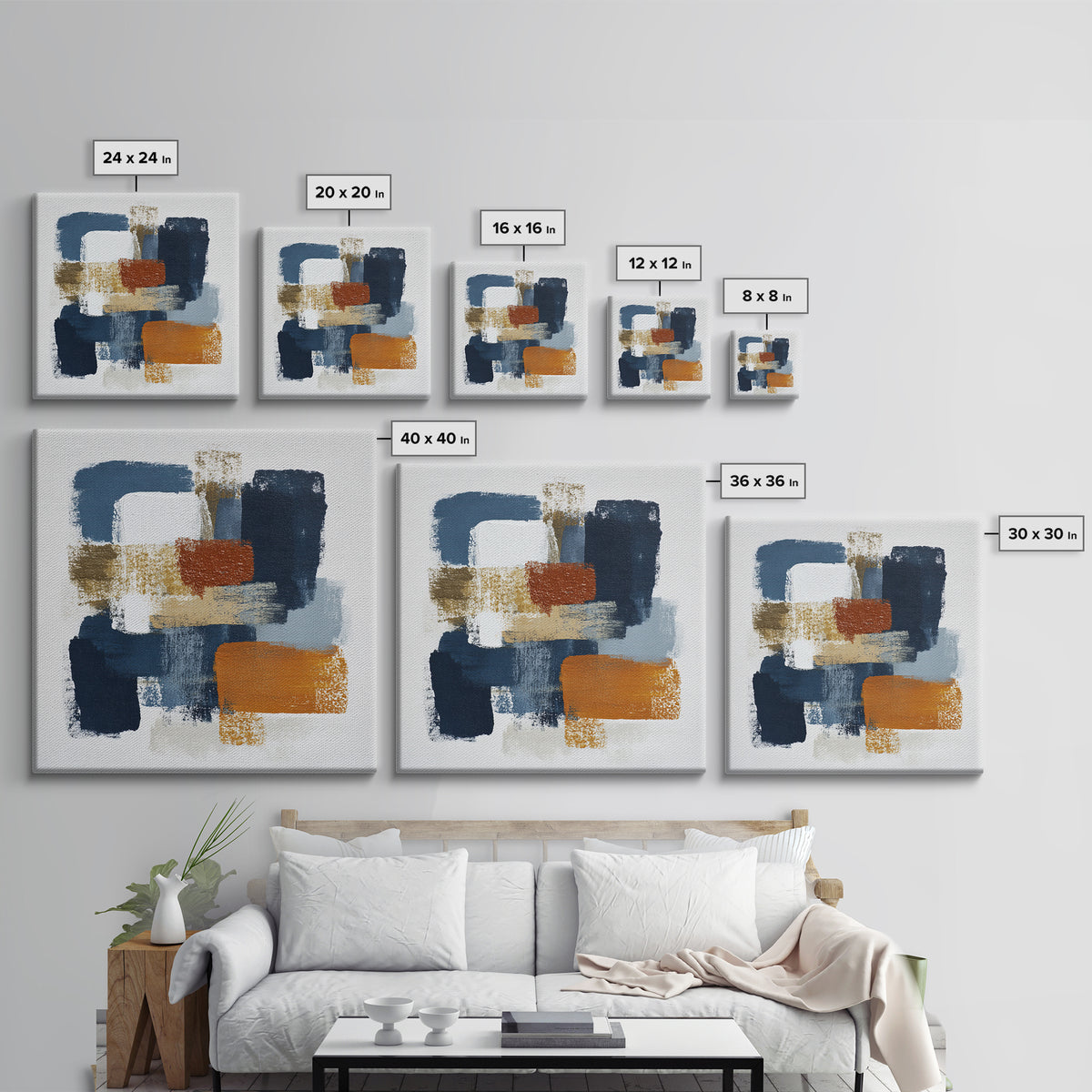 Bold Navy and Ivory Abstract Brushwork Framed Canvas Print, Above Sofa Art, Living Room Wall Art, Living Room Decor, Statement, ASA-1x1-66