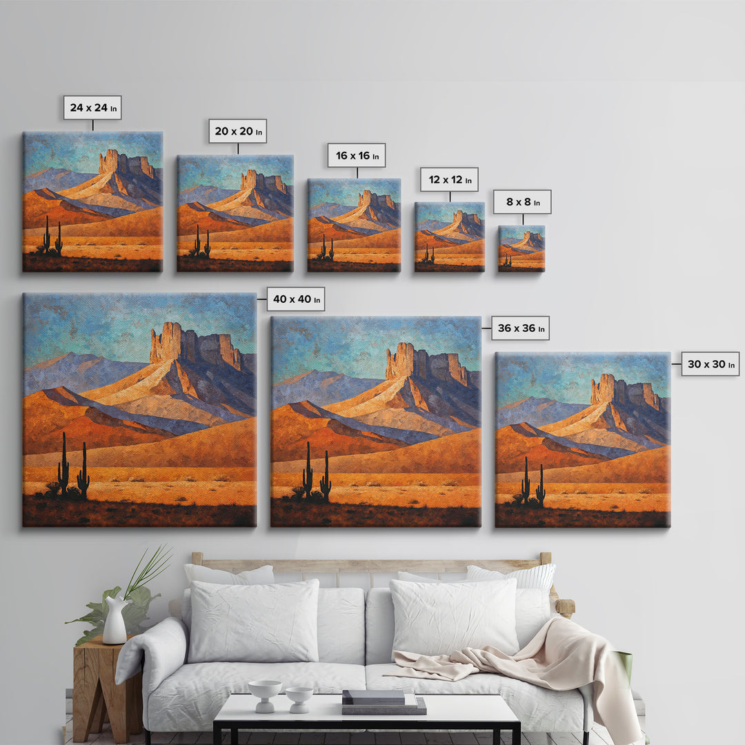 Desert Mesa Panorama Framed Canvas Print, Above Sofa Art, Above Bed Decor, Living Room Decor, Oil Painting, Statement, ASA-1x1-68